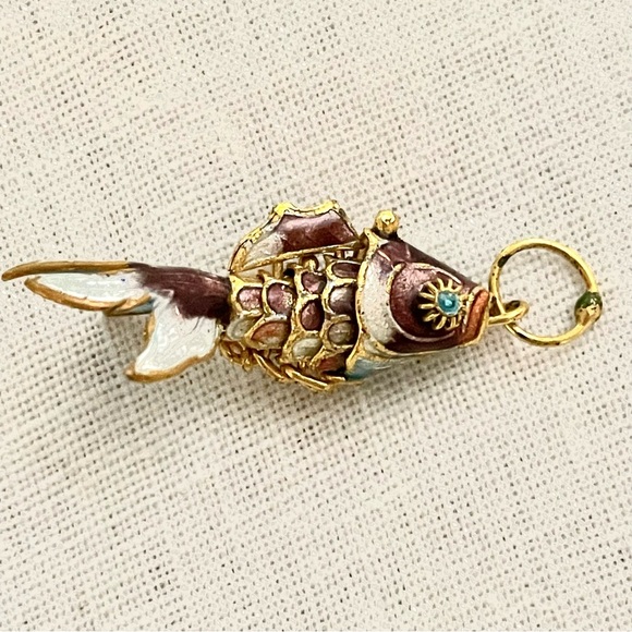 Cloisonné Wiggly Fish Pendant/Charm gold brown turquoise - Picture 3 of 13